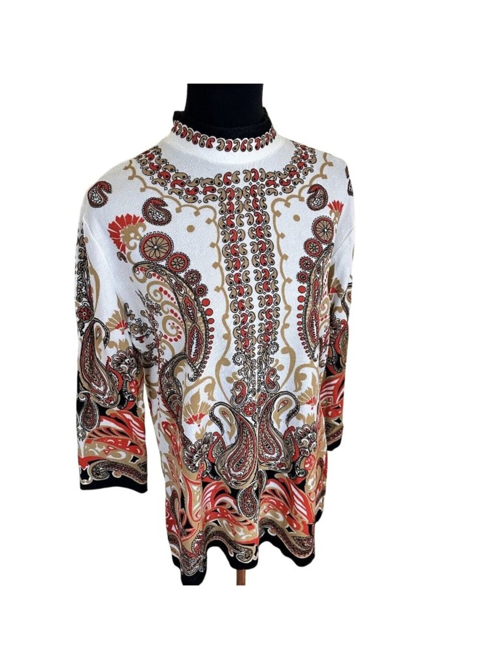 Vintage 1970s Womens Orange and Brown Tunic Top Long Sleeve Size Large Poly